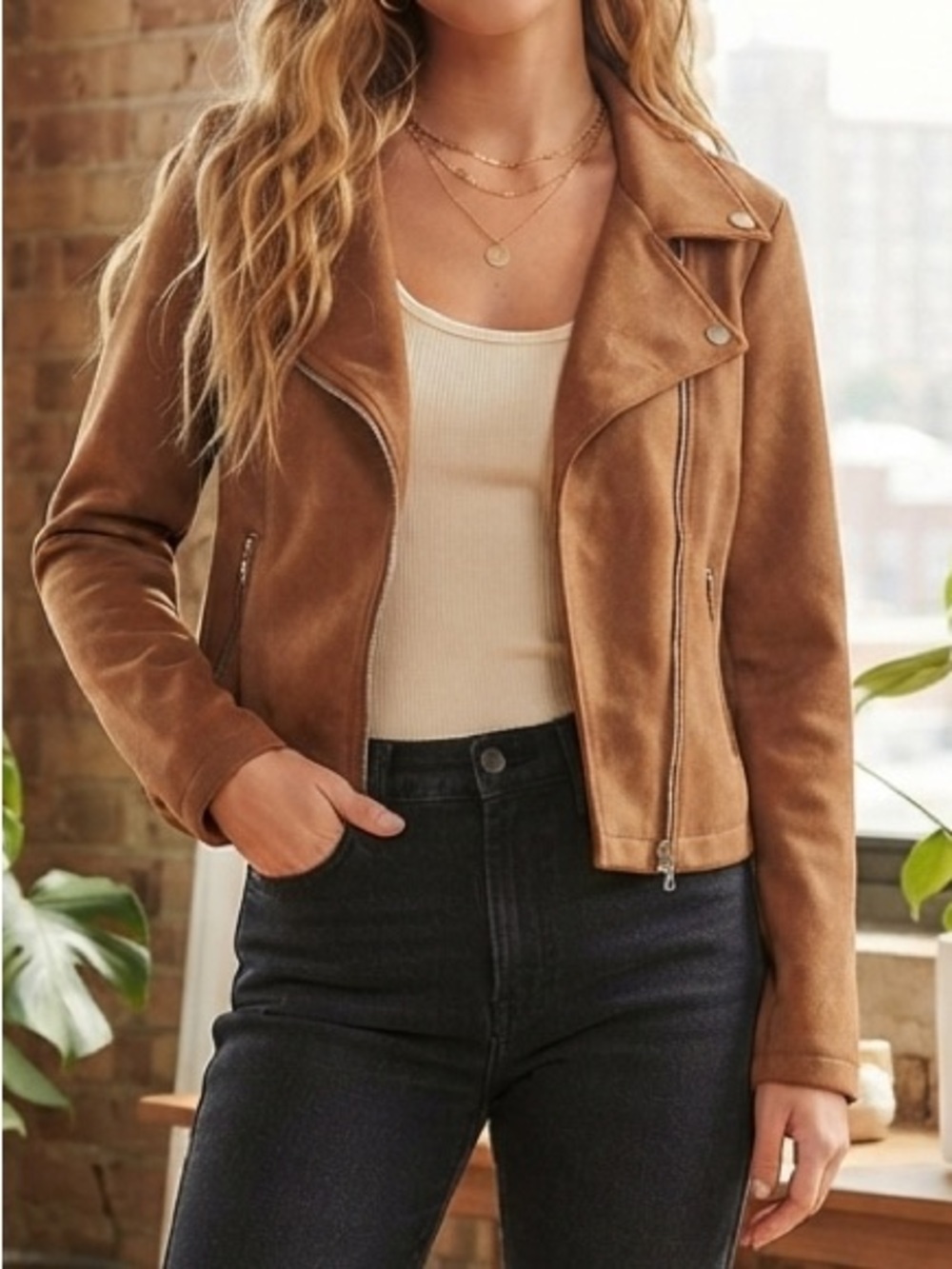 mittoshop Brown Suede-Look Moto Jacket